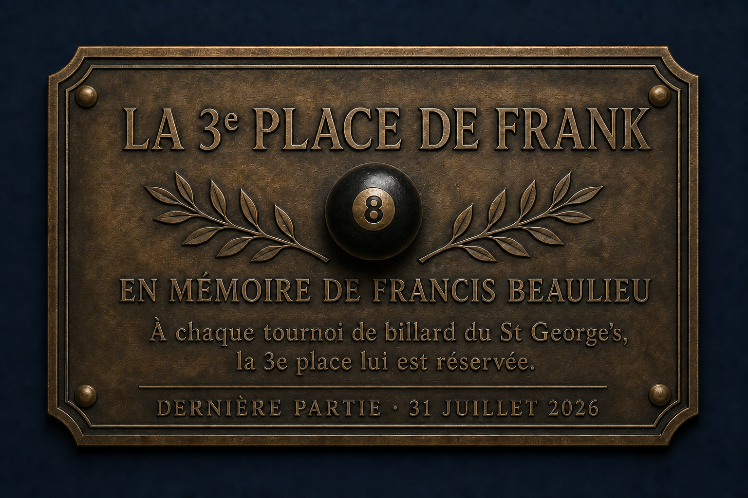 Plaque commémorative : La 3e place de Frank, en mémoire de Francis Beaulieu